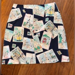Talbots Navy Travel Postcard Print A-Line Skirt with Multicolor Accents